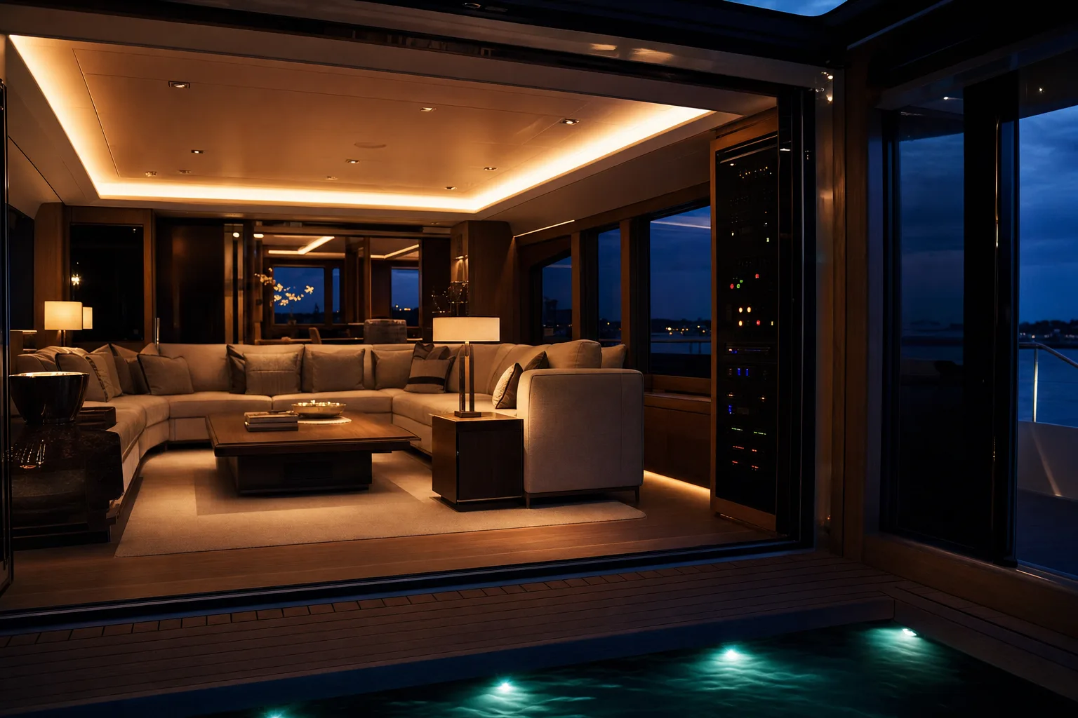 A yacht saloon lit with warm layered light at dusk