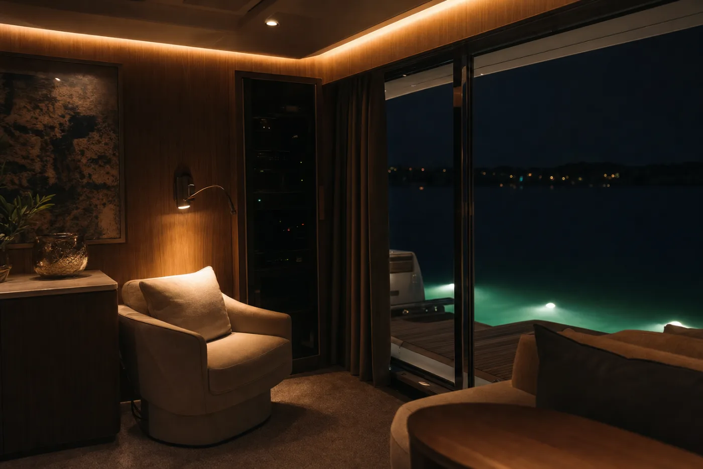 A yacht saloon lit with warm layered light at dusk